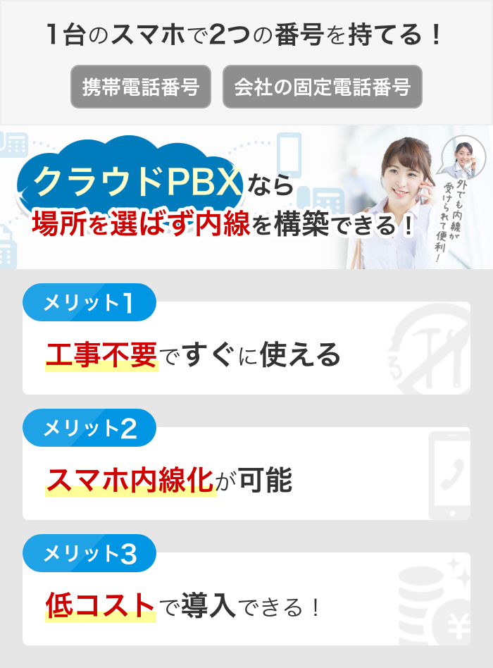 1台のスマホで2つの番号を持てる！携帯電話番号・会社の固定電話番号 クラウドPBXなら場所を選ばず内線を構築できる！ メリット1 工事不要ですぐに使える メリット2 スマホ内線化が可能 メリット3 低コストで導入できる！